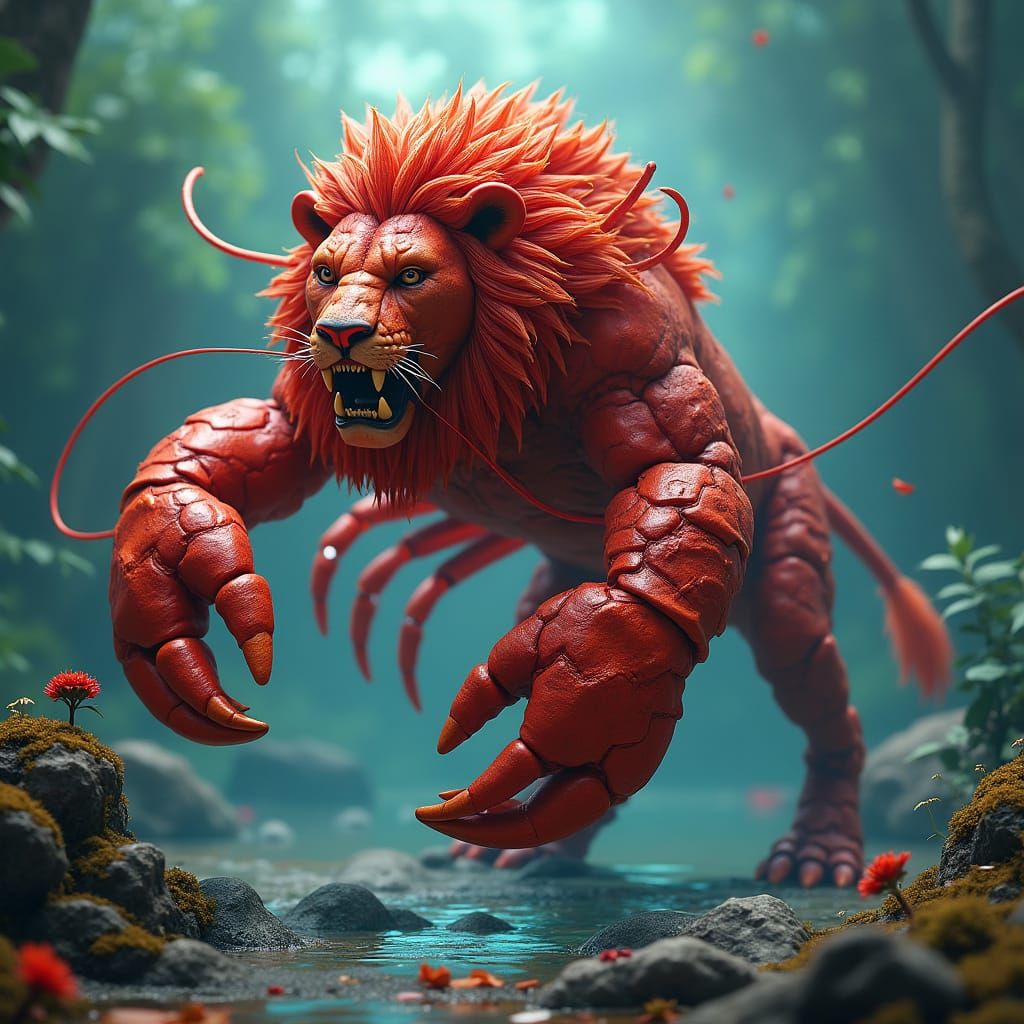 Majestic Crimson Lion-Lobster Hybrid in Dreamlike Fantasy Ar...