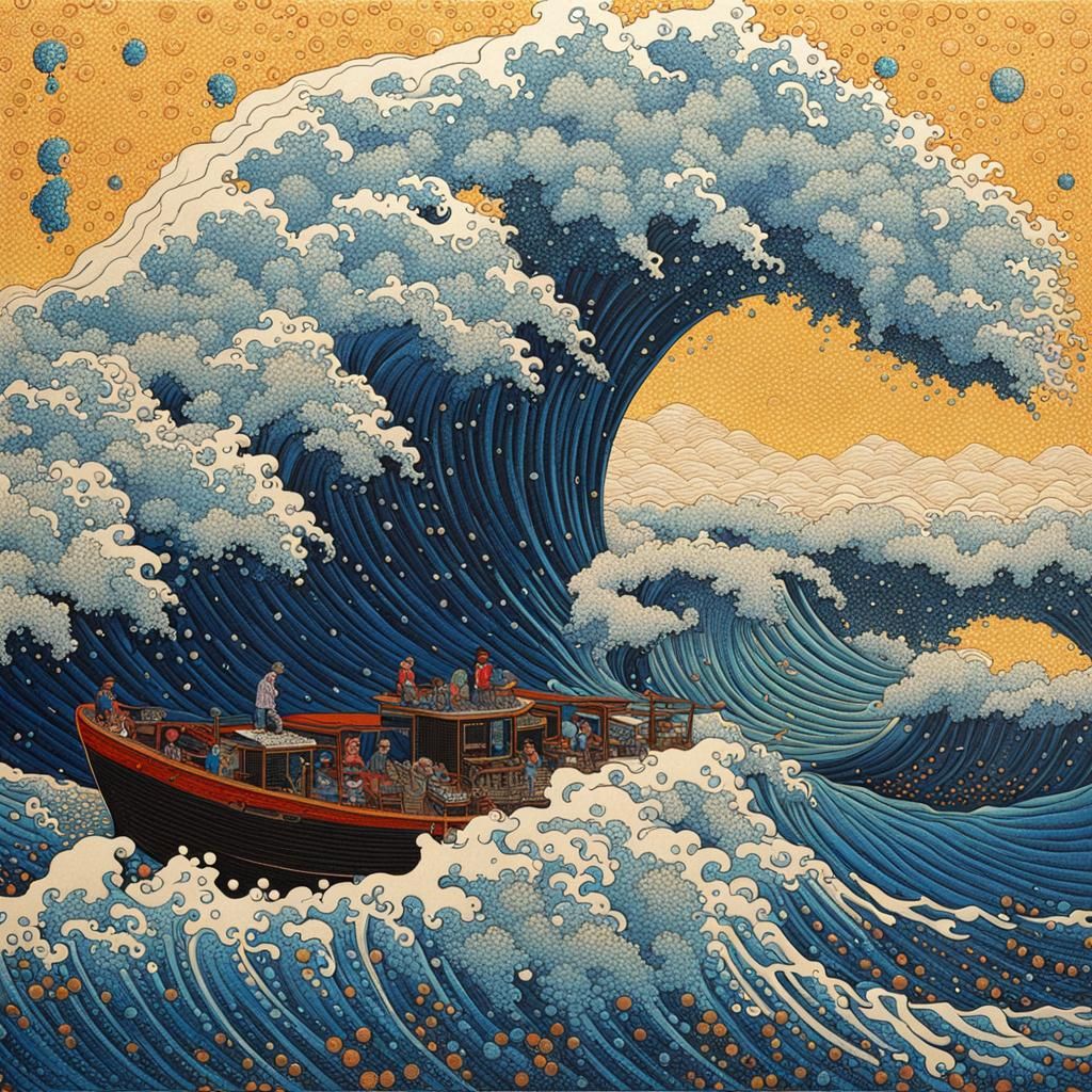 Hokusai Wave in Pop Art Pointillism Style