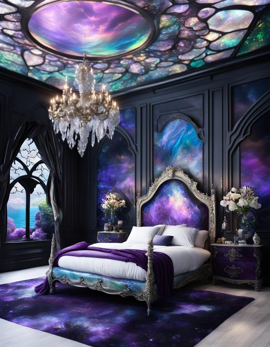 Gothic mermaid themed bedroom with rainbow moonstone walls w...