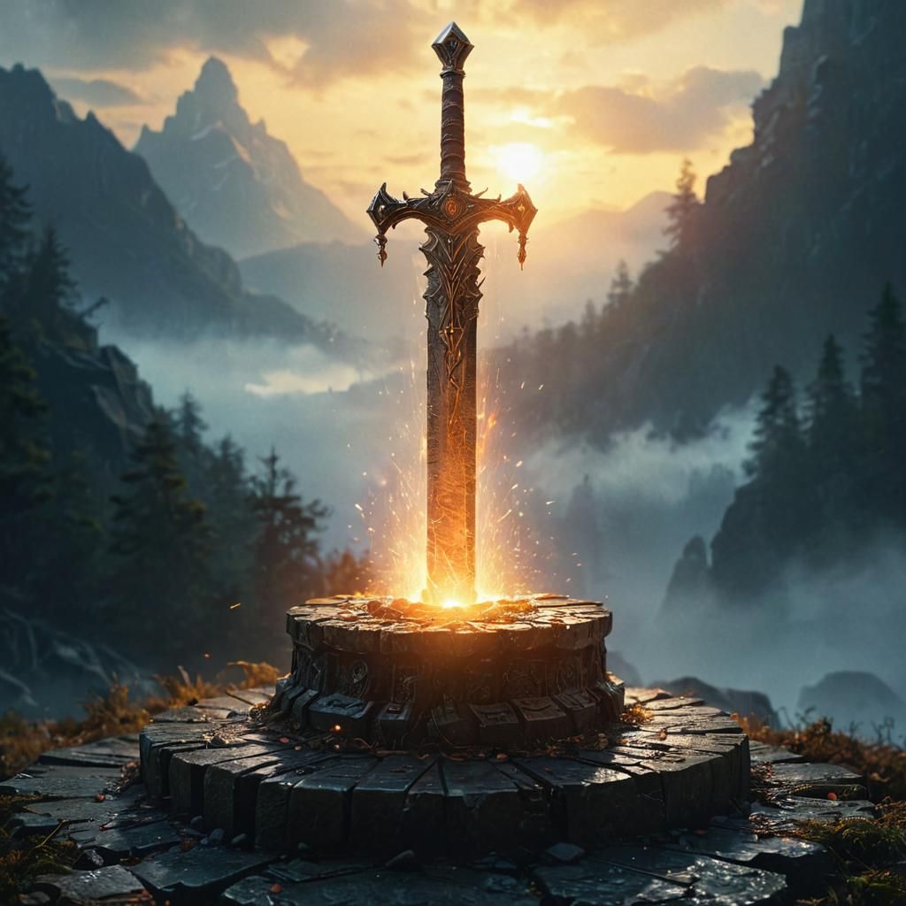 Master Sword in Stone, Enchanted Forest, Dark Fantasy Art