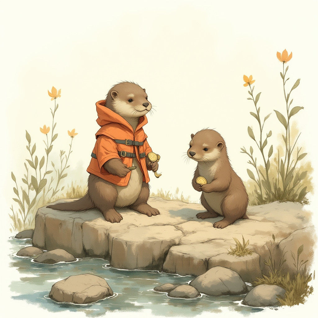 Sea Otter Learns About Coins in Watercolor Style