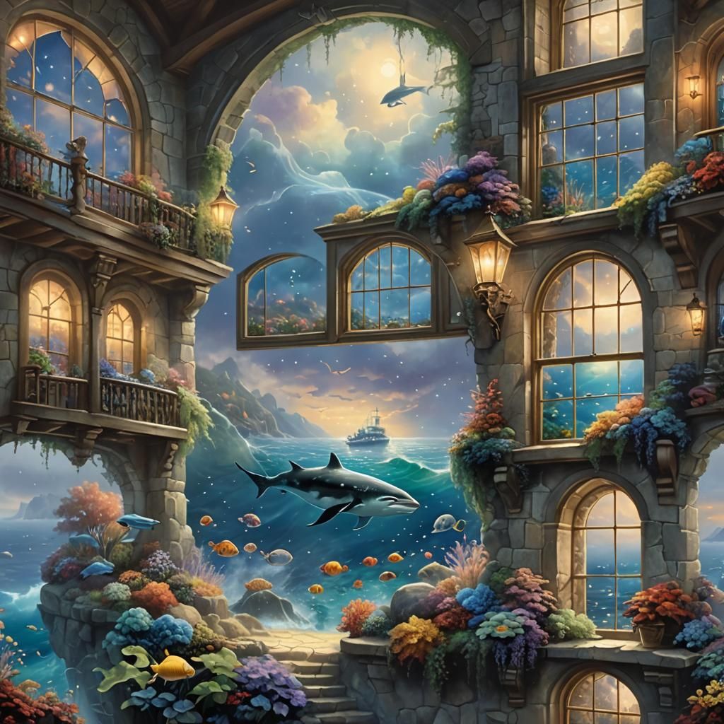 Ethereal Sea Animals in a Fantasy Windowscape
