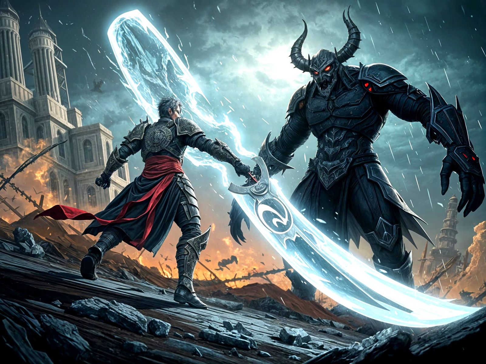 Anime Warrior Battles Shadow Demon in Dark Fantasy Scene
