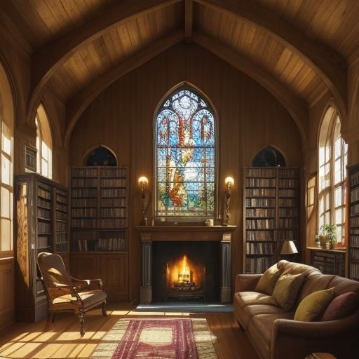 Cozy House Library in Whimsical Oil Painting Style