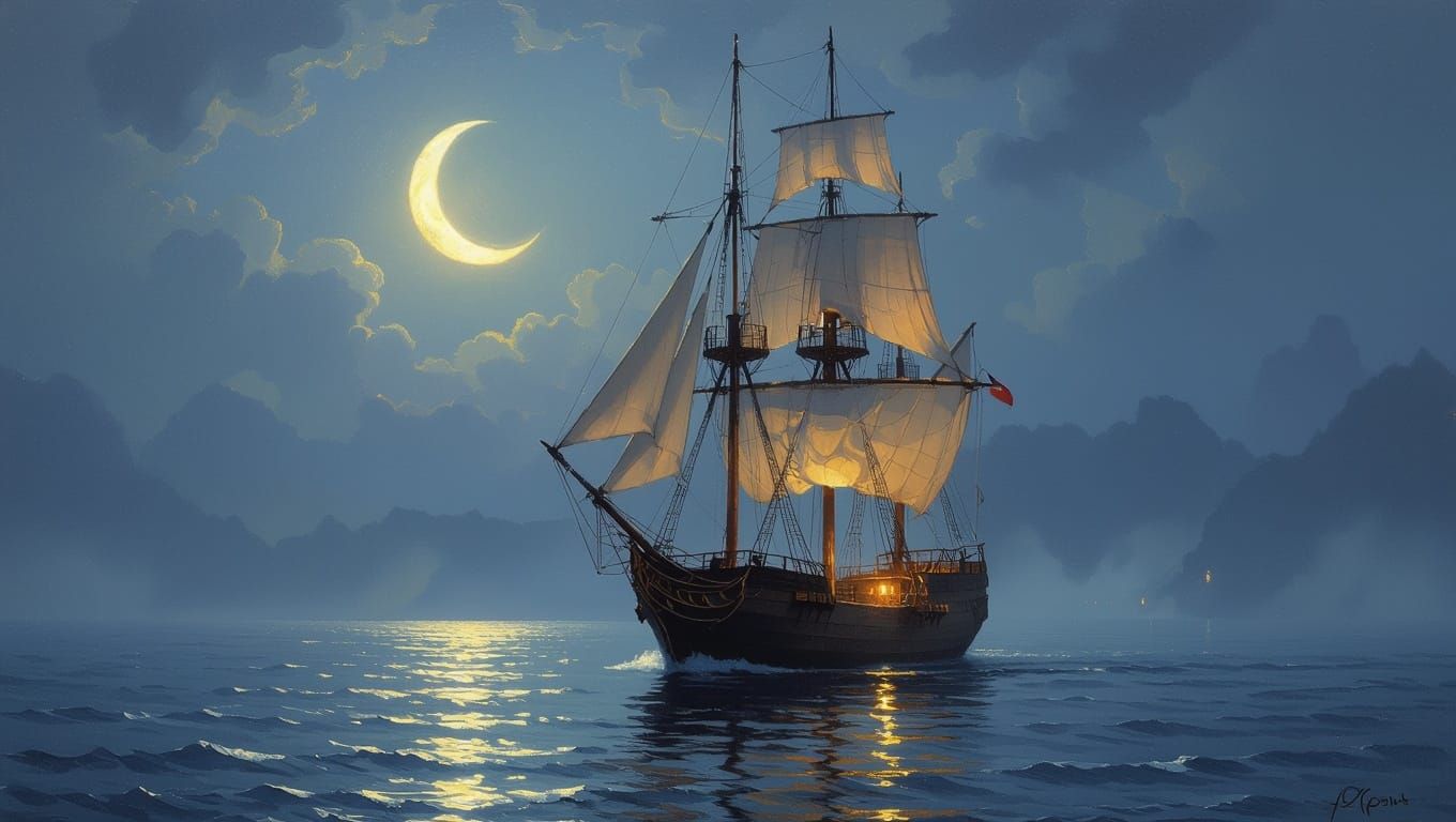Sailing Ship Under Starry Night Sky in Classic Maritime Styl...