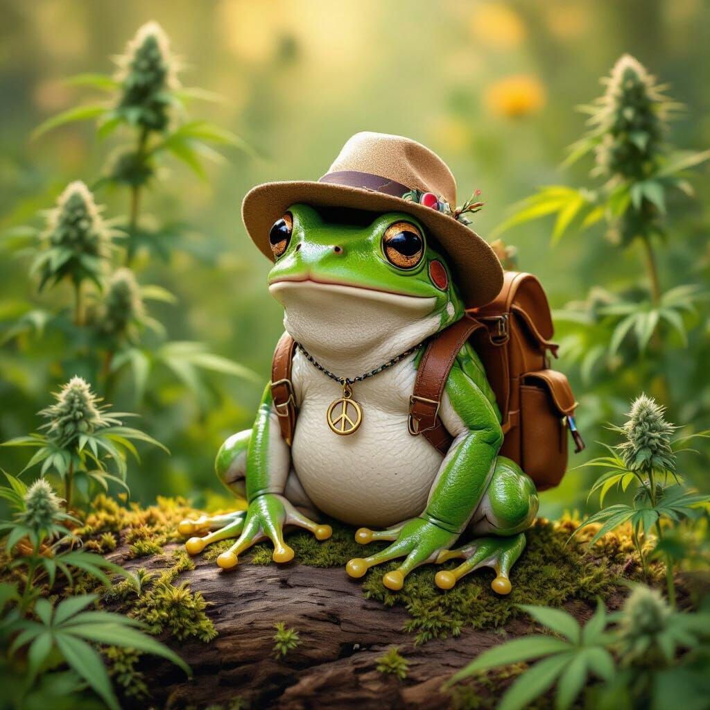 Frog in Meadow with Backpack, Art Nouveau Style