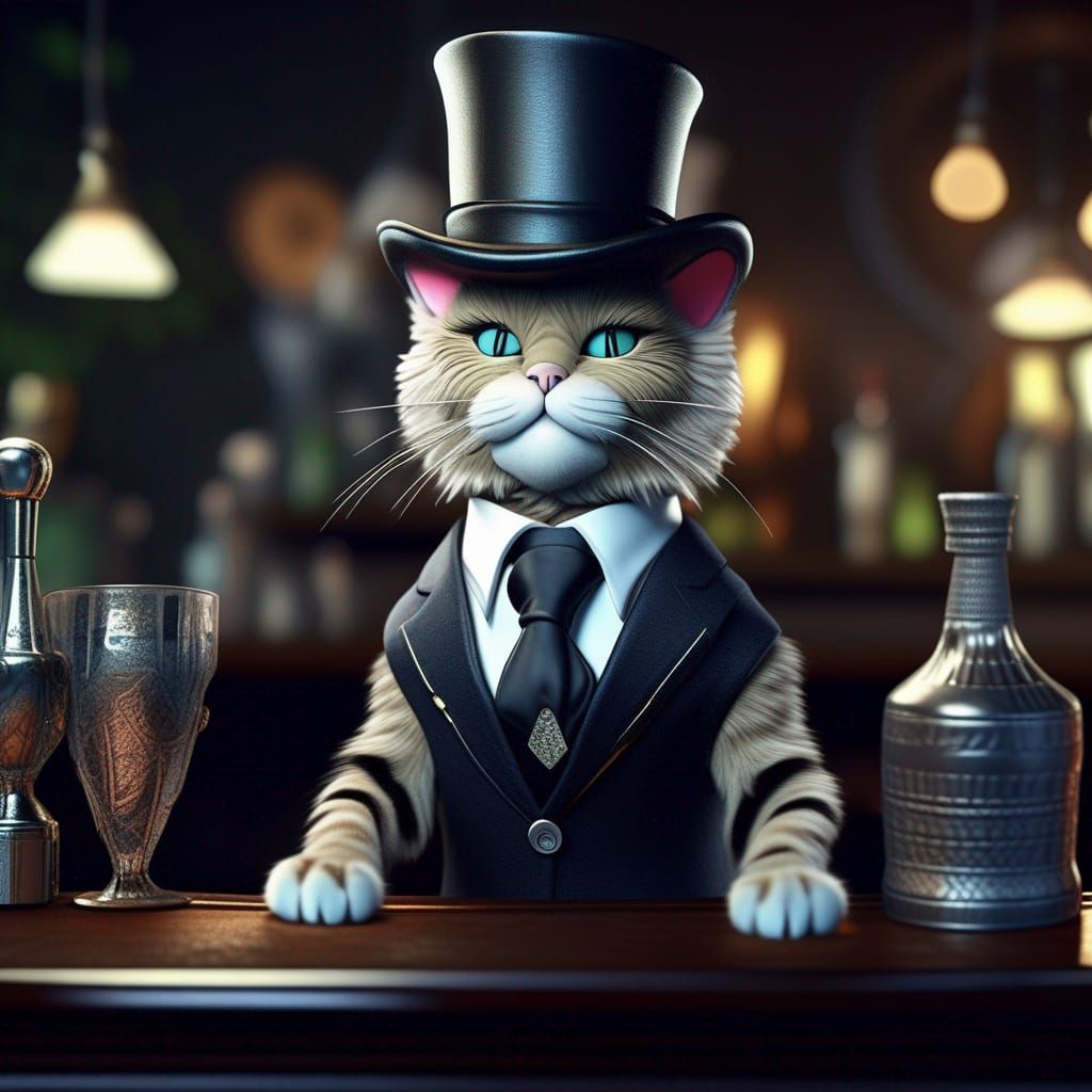 Anthropomorphic Cat Bartender in Digital Art