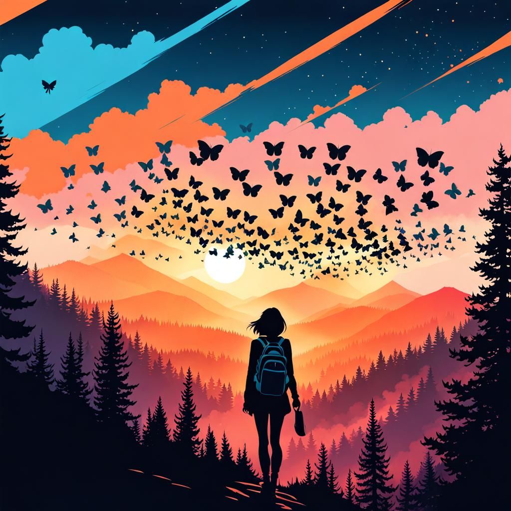 Girl in Mountains with Glowing Butterflies, Minimalist Style