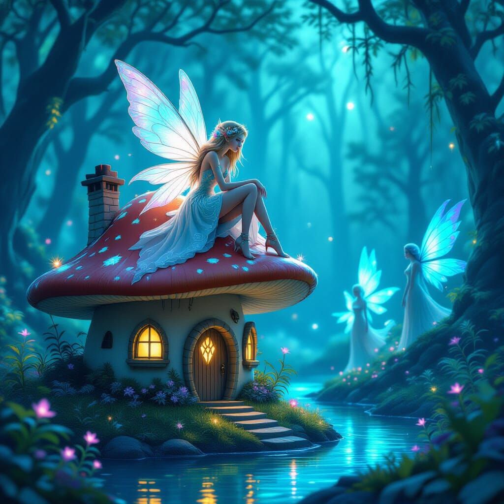 Fairy on Mushroom House in Bioluminescent Forest