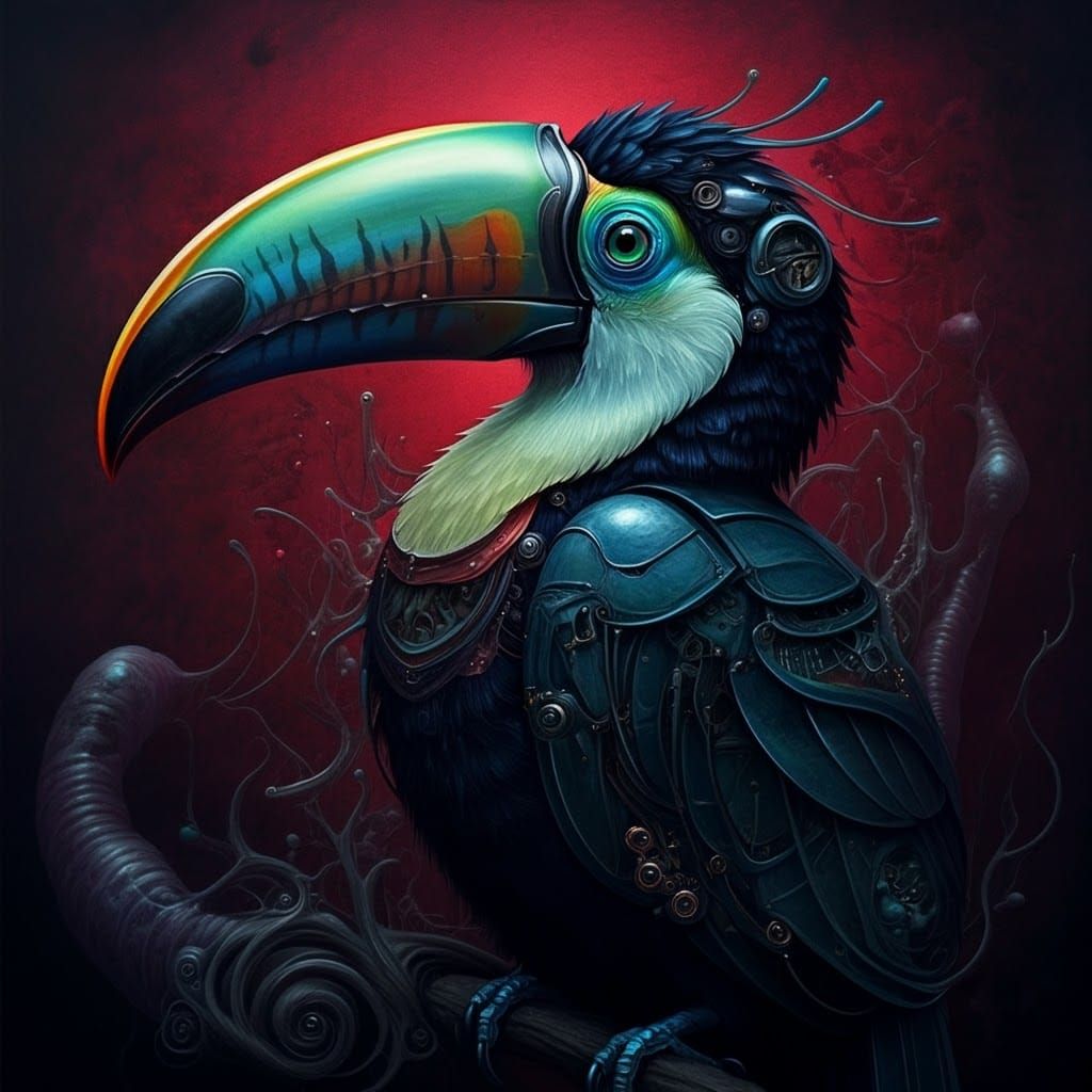Biopunk Toucan in Charcoal with Baroque Details