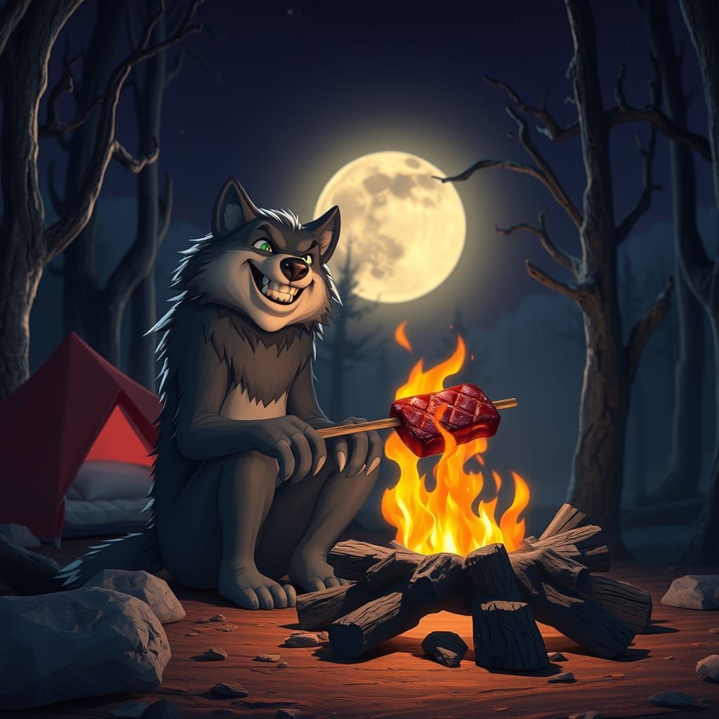 Happy Werewolf Campfire Picnic in Anime Style