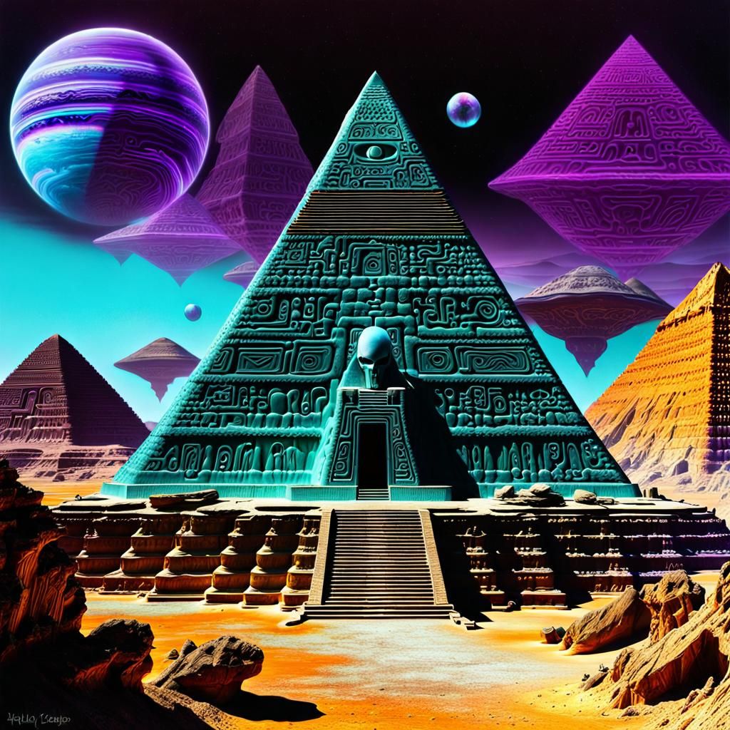 Giger Alien Gazing at Hieroglyph Pyramid Orb