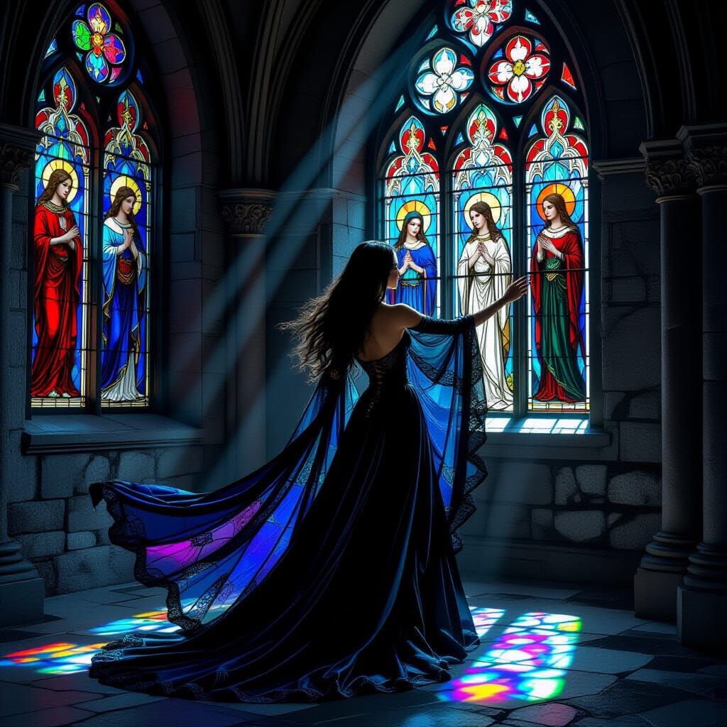 Gothic Woman Adorns Herself With Stained Glass Gown