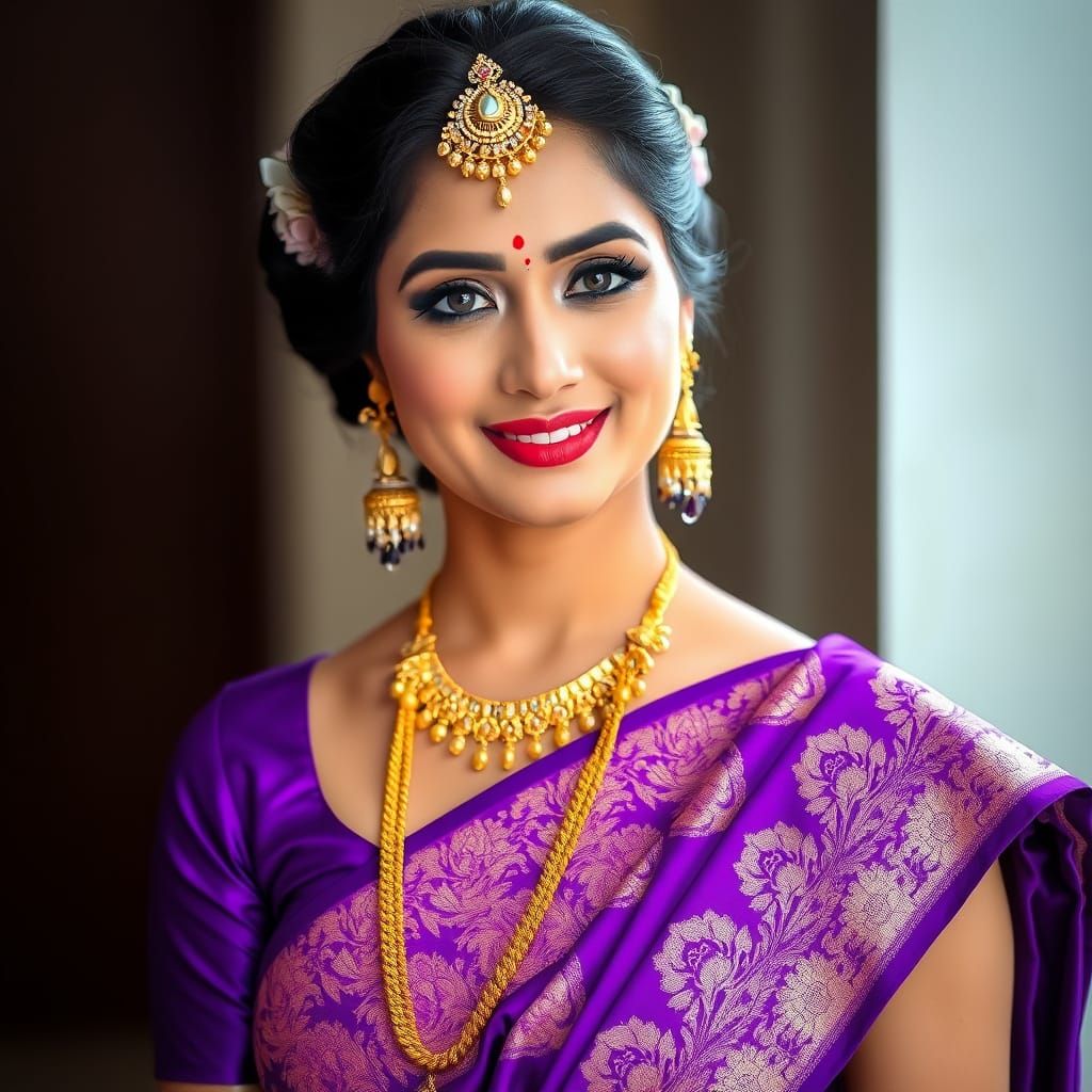 Woman in Purple Saree with Gold Jewelry