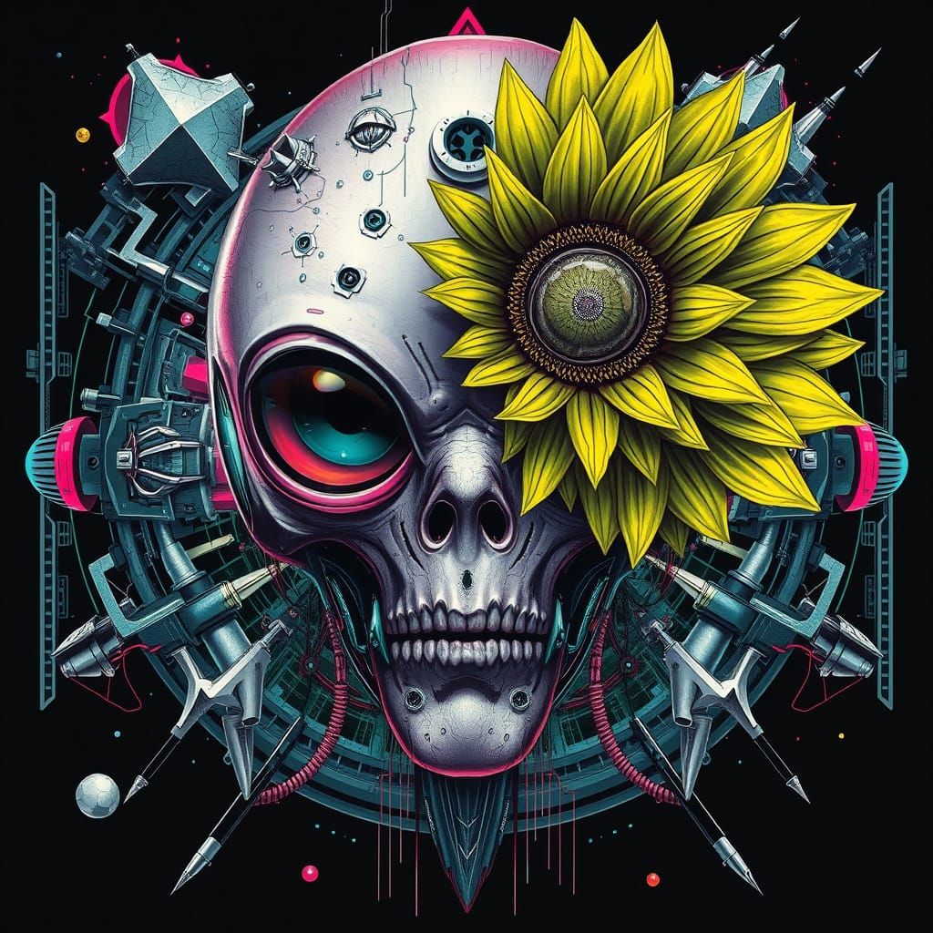 Surreal Cyberpunk Cyborg with Sunflower in Chrome