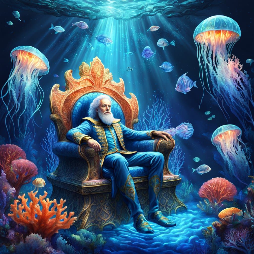 The Water King Underwater Throne in Dreamlike Digital Painti...