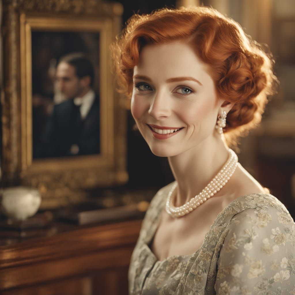 Elegant Red-Haired Woman in Vintage Film Style