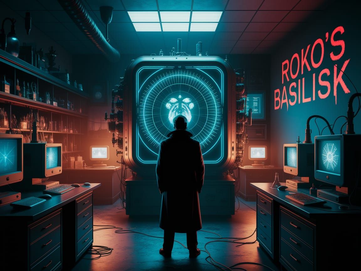 Eerie Laboratory Scene in Neon Hues