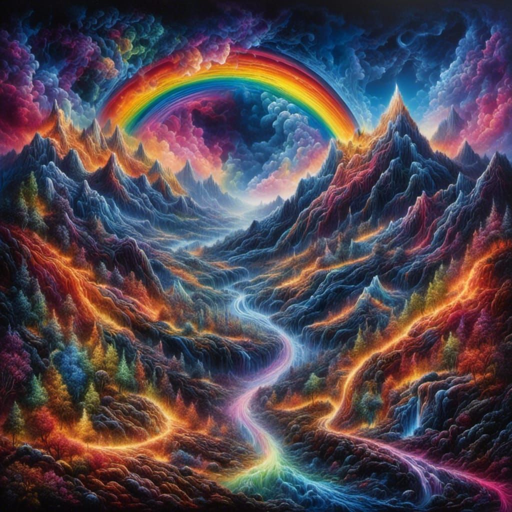 Glittering Mountains: A Surreal Rainbow Landscape