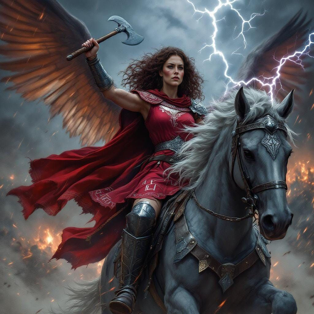 Valkyrie Goddess Rides Winged Warhorse into Battle