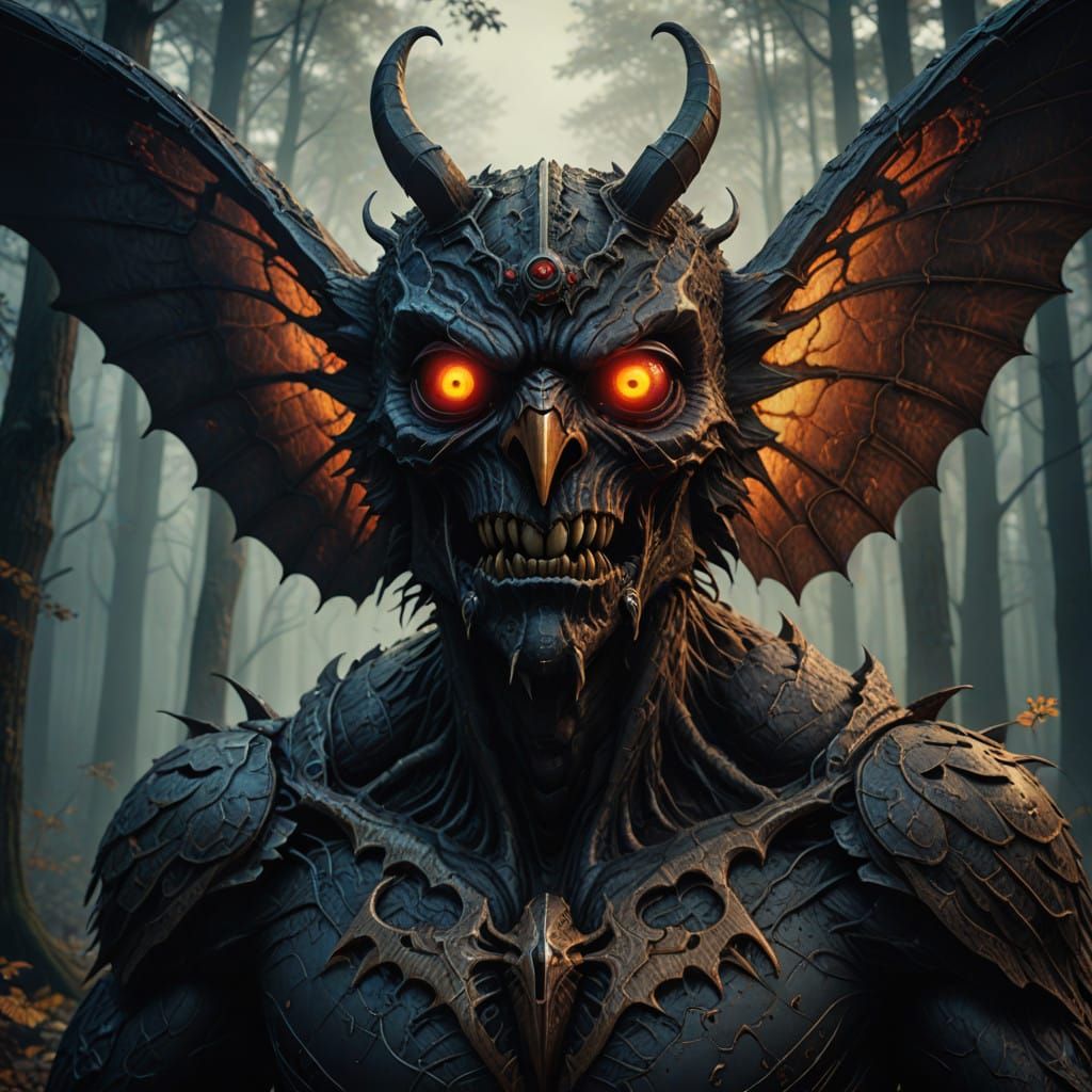 Fantastical Mothman Face in Deep Woodland Fog