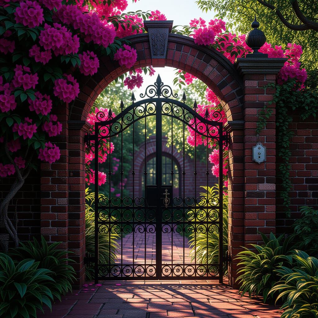 Gothic Gate with Pink Flowers and Silver Lock