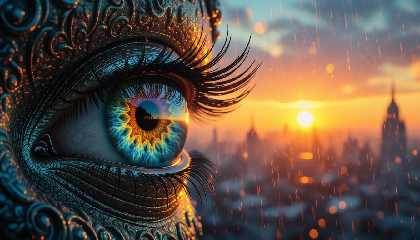 Steampunk Eye Gazing at Rainy Sunrise