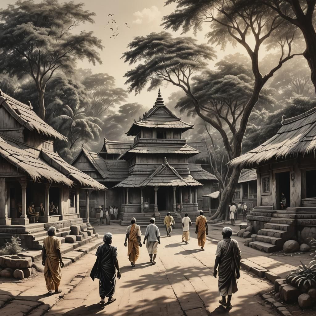 Indian Village Scene in Hyper-Realistic Charcoal
