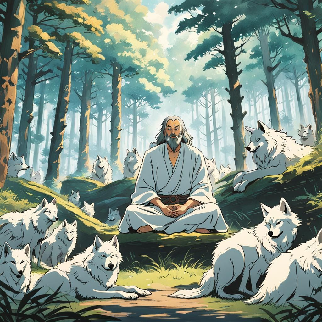 Druid yogi in forest meditating with white wolves