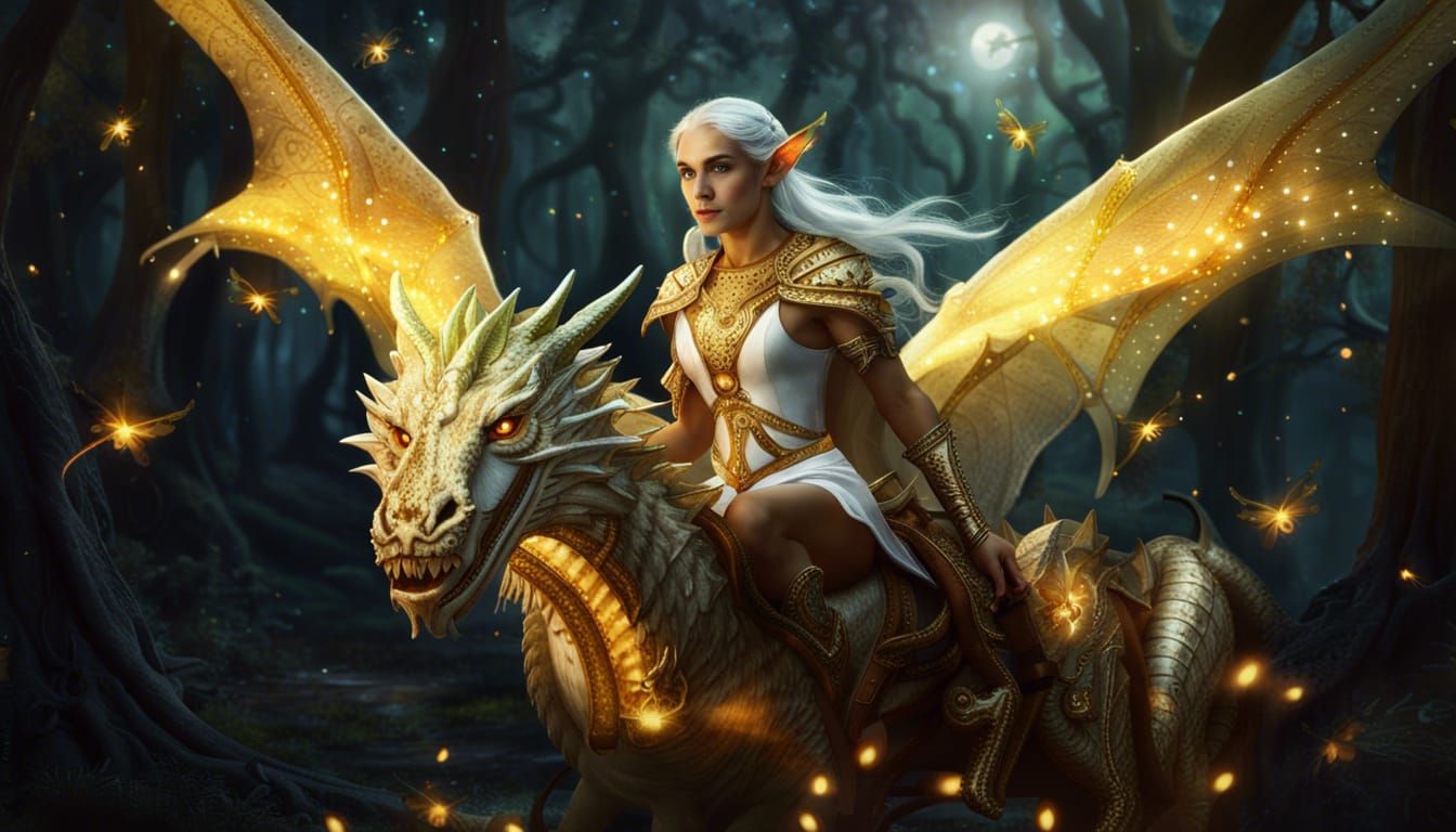 Artemis the white dragon riding through a haunted forest with an elfin princess