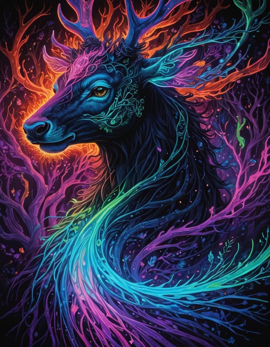 Neon Astral Deer Head in Psychedelic Style