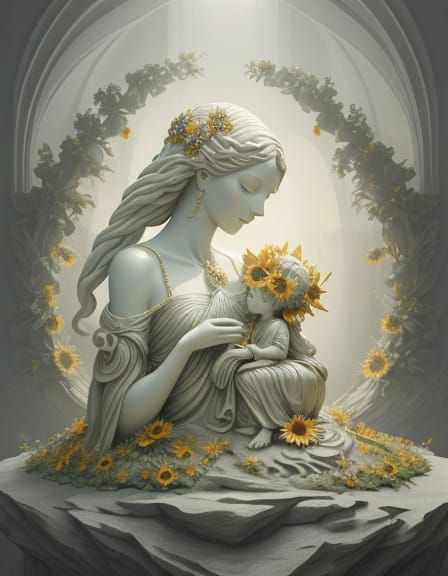 Giant Stone Sunflower Statue Holding Humanoid Figure, Dreaml...