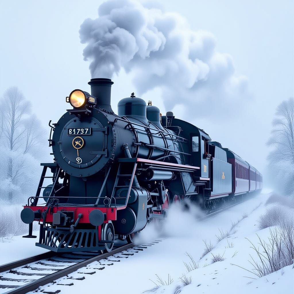 Majestic Steam Train in Ethereal Winter Fog