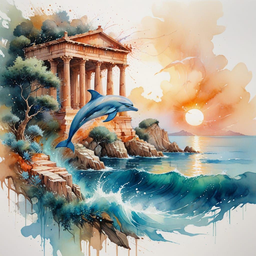 Greek Temple Oasis in Watercolor Style