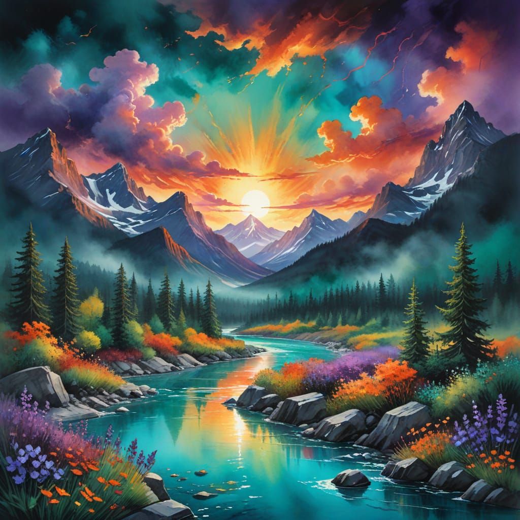 a dreamlike scene where watercolor meets reality mountains e...