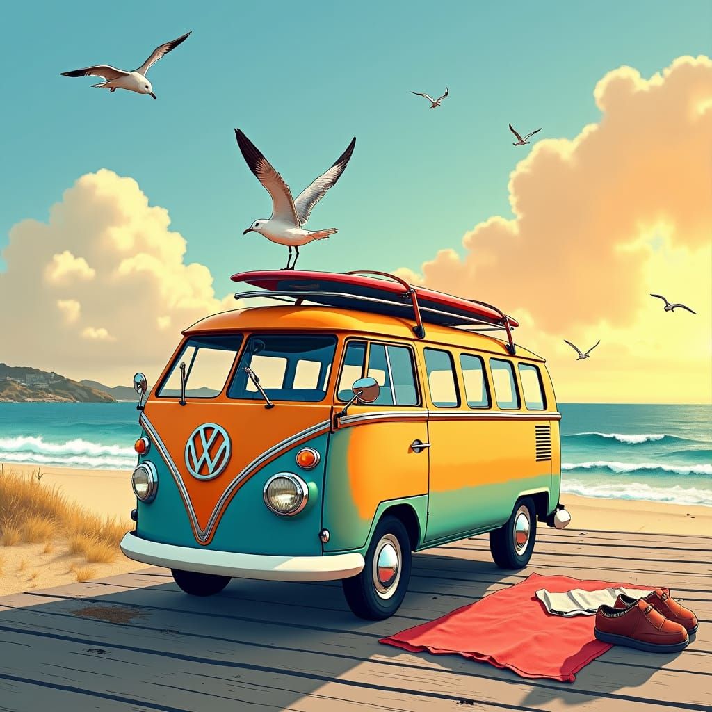 Colorful Minivan Overlooking Ocean in Watercolor Style