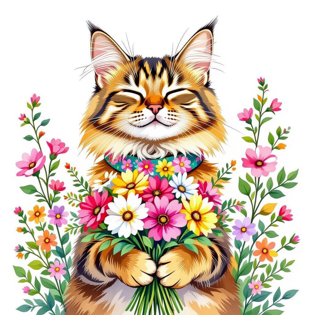 Whimsical Watercolor of Abyssinian Cat with Flowers