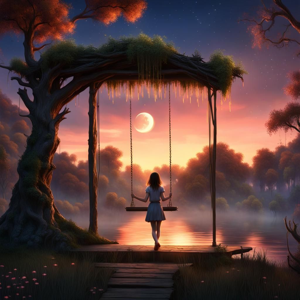Enchanted Twilight: Girl on Swing in Dreamscape