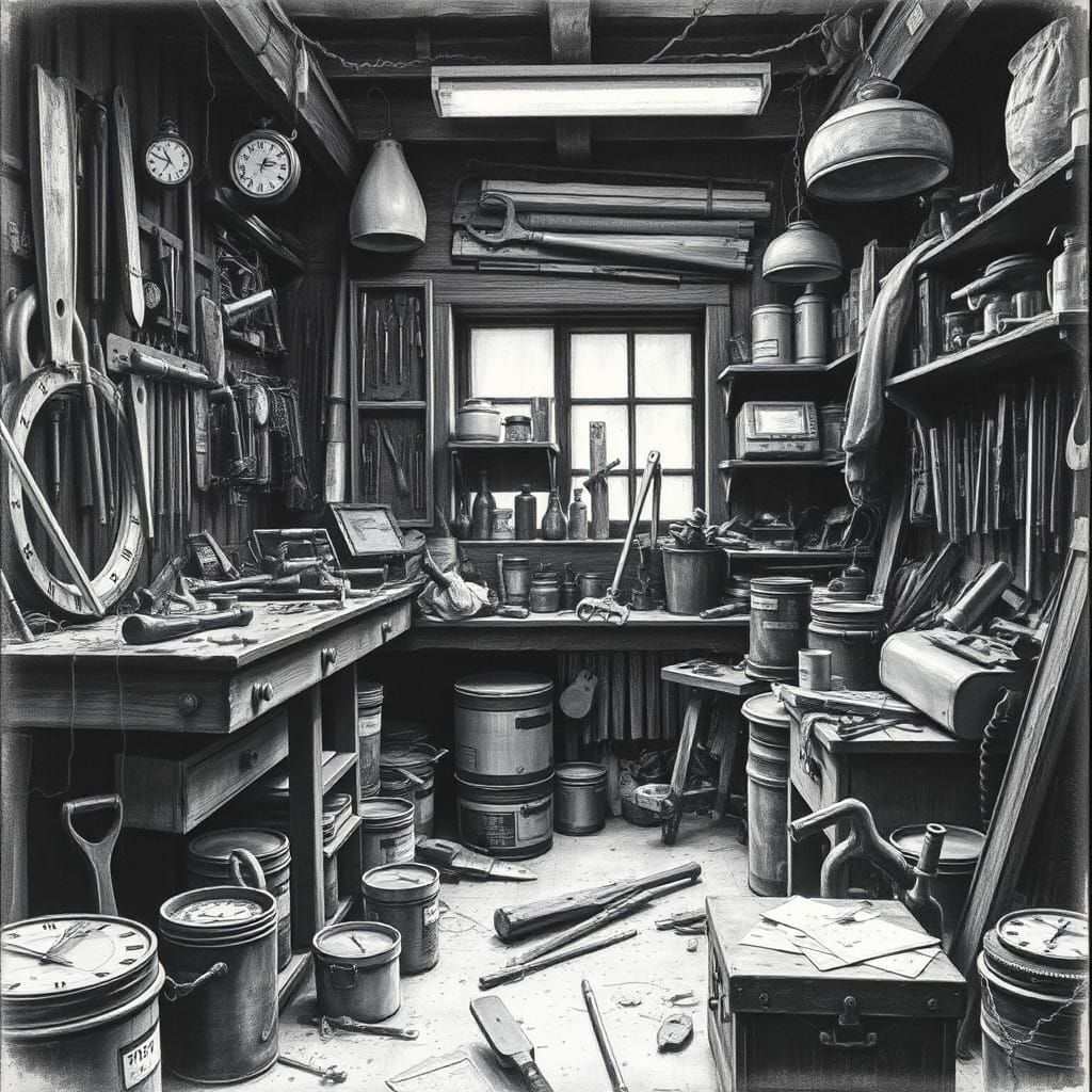 Hyperdetailed Charcoal Workshop Scene