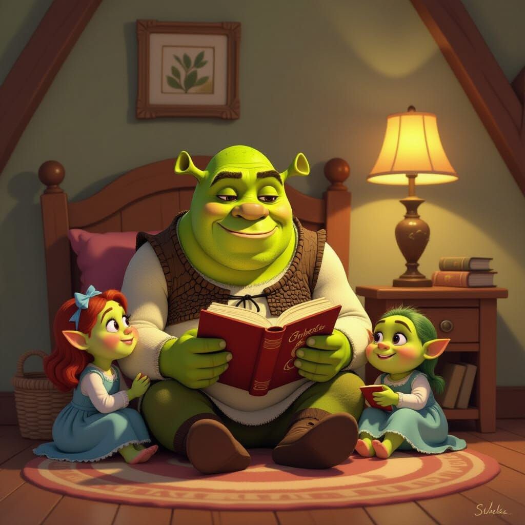 Shrek Reads Bedtime Story to Family in Cozy Room