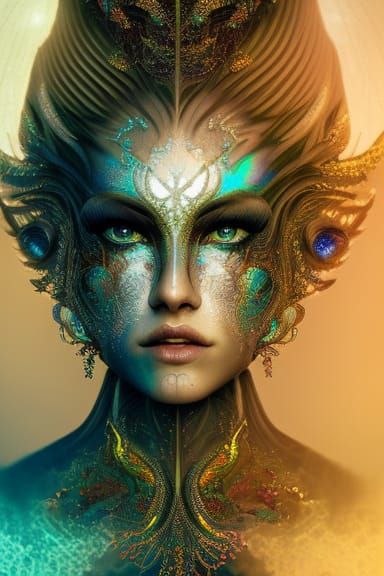 Ghostly Woman in Iridescent Armor: Digital Art