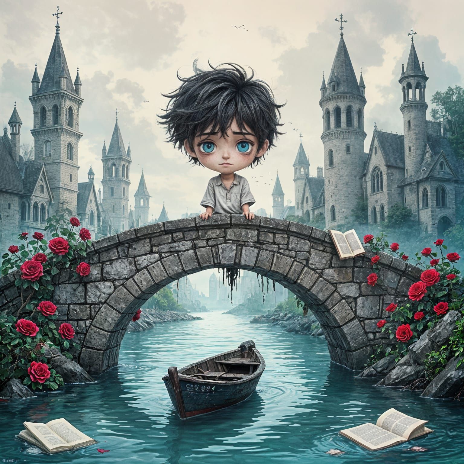 Melancholic Boy on Stone Bridge with Gothic Towers