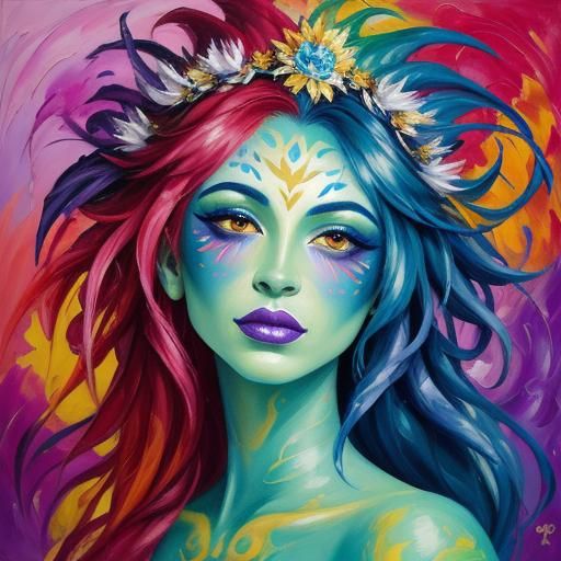 Rainbow Dragon Woman in Expressionist Oil Painting