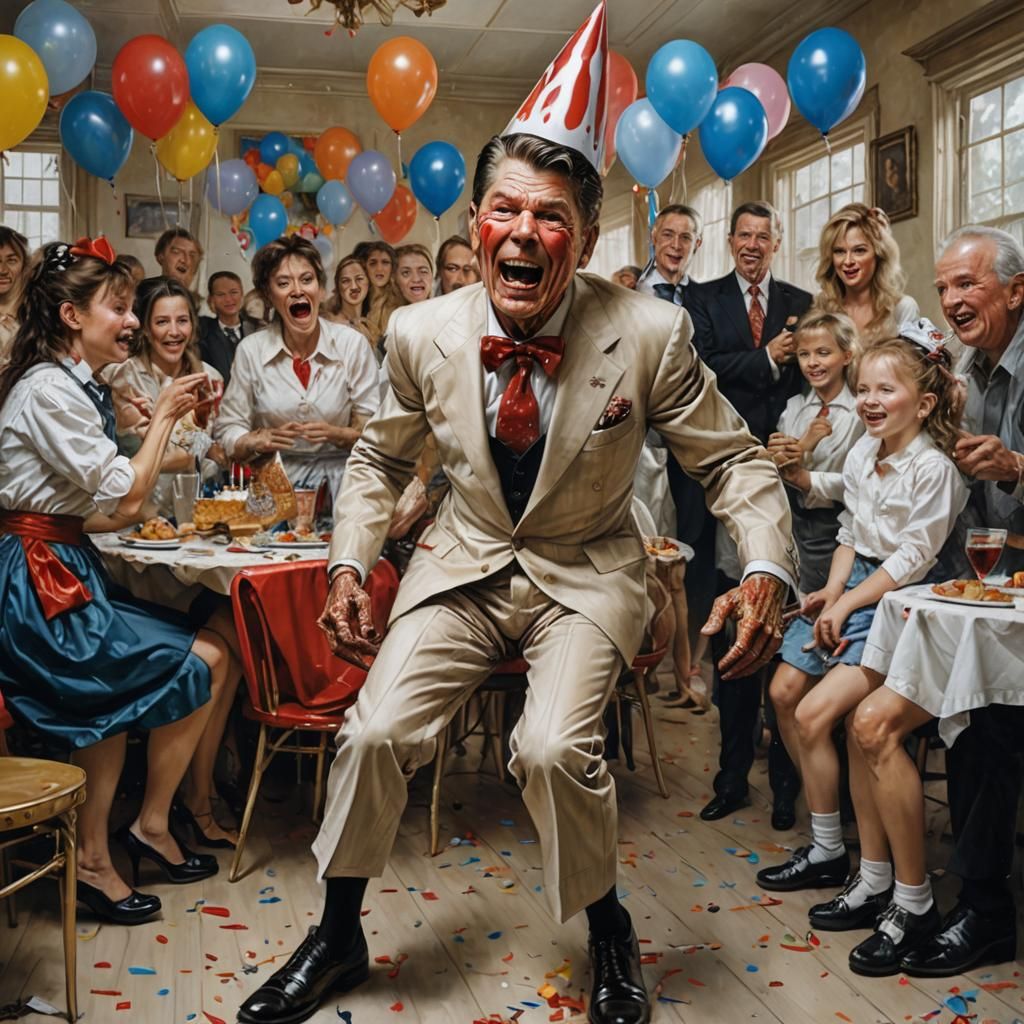 Reagan as Birthday Party Buffoon in Surrealist Style