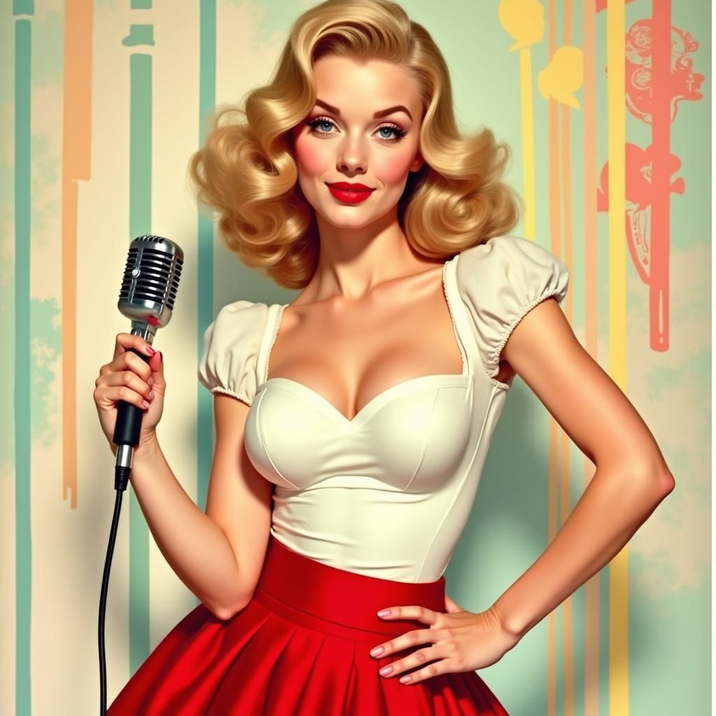 Pin-Up Style Woman with Vintage Microphone