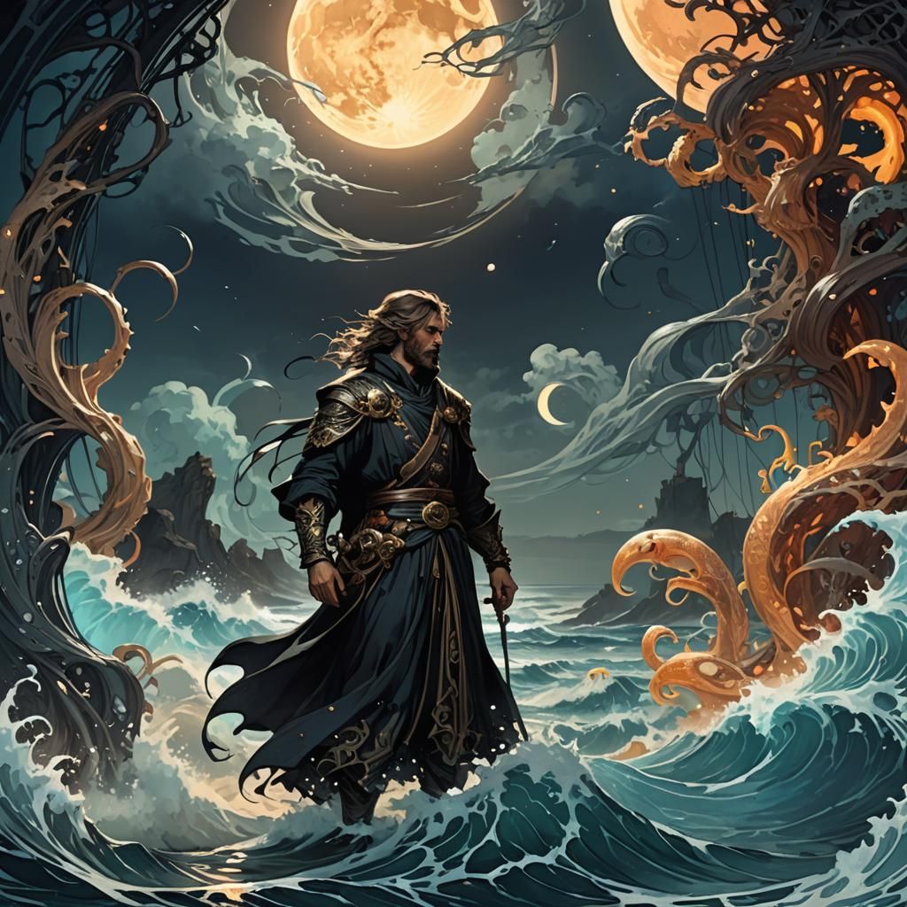 Eerie Sea Figure under Harvest Moon, in Gothic Style