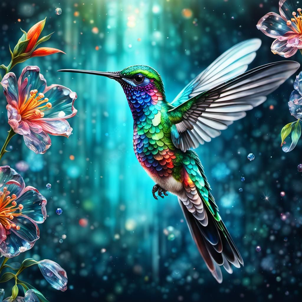 Glass Hummingbird with Crystal Flower: Watercolor Art