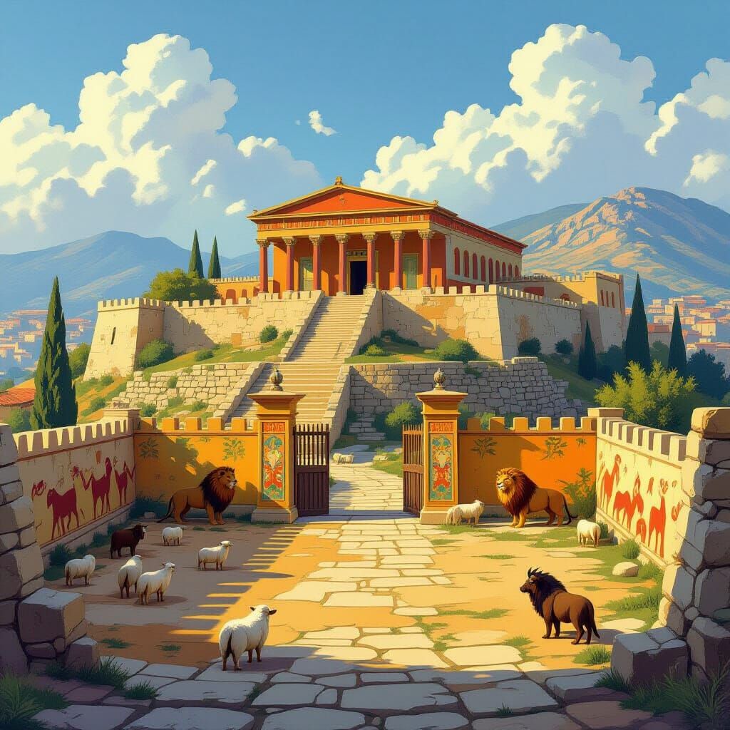 Mycenaean Palace on Hill with Fresco Details