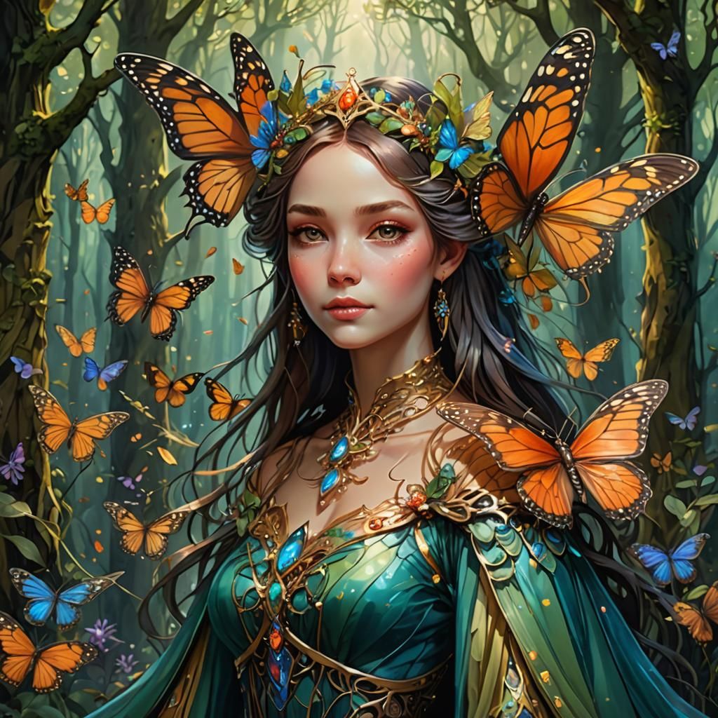 Fairy Queen with Butterfly Wings in Enchanted Forest