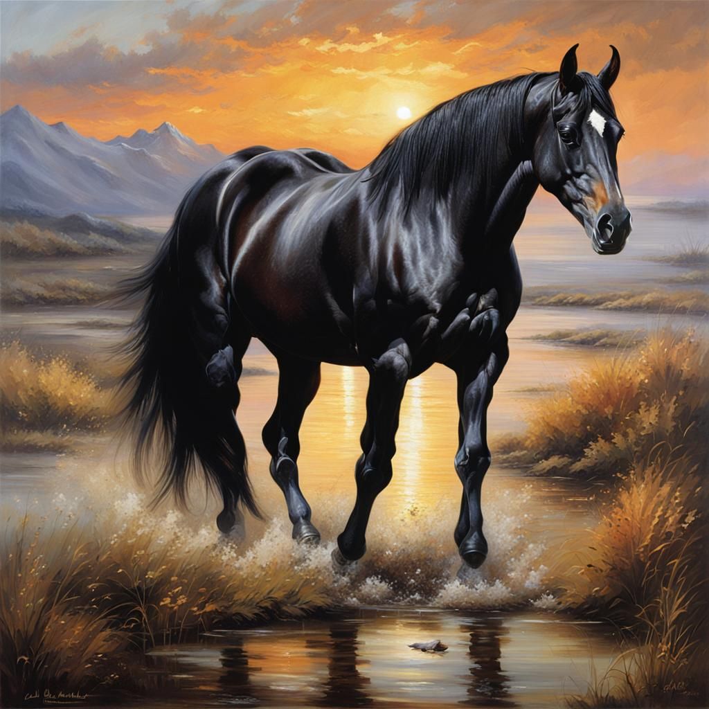 Black Arabian Horse Sunset Oil Painting